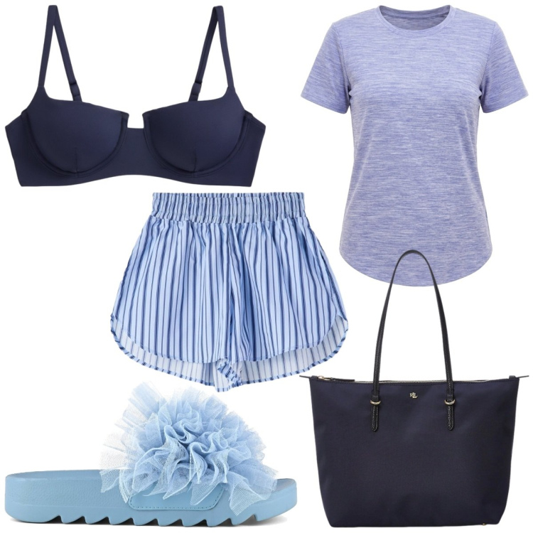 Outfit donna - Sun, Swim & Style. Stile Casual per Mare. Abbinamento con shorts, borse tote, bikini, ciabatte, t-shirt.