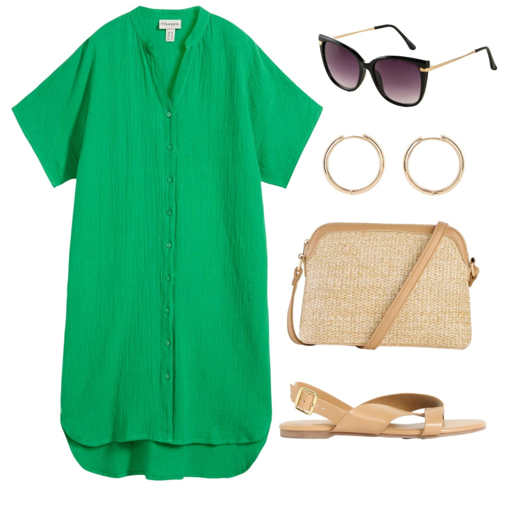 Outfit donna - Chemisier must-have di luglio. Stile Minimal per Ufficio. Abbinamento con sandali, borse a tracolla, orecchini, occhiali da sole, vestiti chemisier.