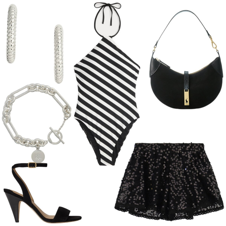 Outfit donna - Total look #2435175. Stile Chic per Serata fuori. Abbinamento con shorts, borse a spalla, braccialetti, orecchini, costumi interi, sandali in pelle.