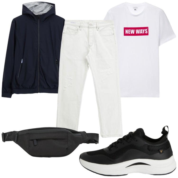 Outfit uomo - Total look #2435176. Stile Casual per Tutti i giorni. Abbinamento con borse sportive, t-shirt, sneakers, bomber, jeans dritti.