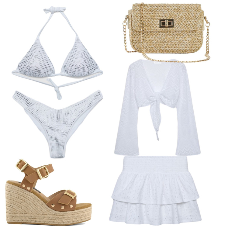 Outfit donna - Total white. Stile Chic per Mare. Abbinamento con borse a tracolla, minigonne, top, bikini, bikini, zeppe.