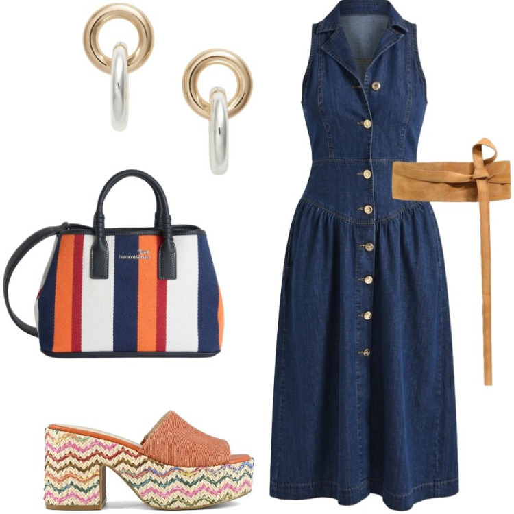 Outfit donna - Denim cittadino. Stile Casual chic per Tutti i giorni. Abbinamento con cinture, shopping bag, orecchini, vestiti chemisier, sandali col tacco.