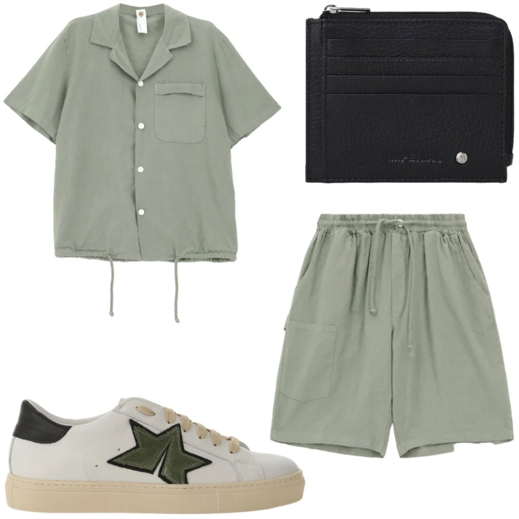 Outfit uomo - Colori mediterranei. Stile Casual per Tutti i giorni. Abbinamento con camicie a manica corta, sneakers, bermuda, portafogli.
