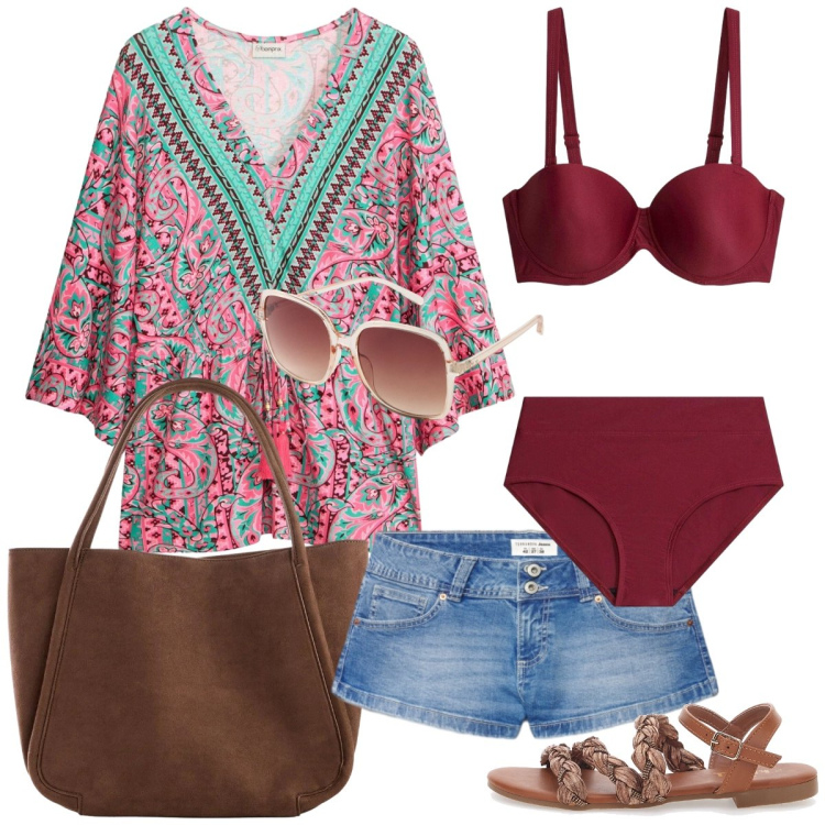Outfit donna - Total look #2435183. Stile Boho per Mare. Abbinamento con tuniche, shopping bag, occhiali da sole, bikini, shorts, sandali.