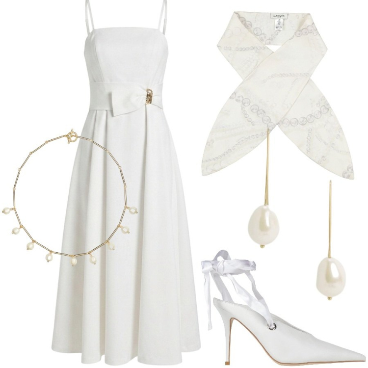 Outfit donna - Viva la sposa. Stile Glamour per Cerimonia. Abbinamento con sciarpe, décolleté, vestiti asimmetrici, collane, orecchini.