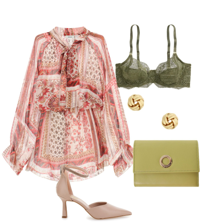 Outfit donna - Boho sunset. Stile Boho per Cerimonia. Abbinamento con portafogli, vestiti corti, reggiseni, orecchini, décolleté.