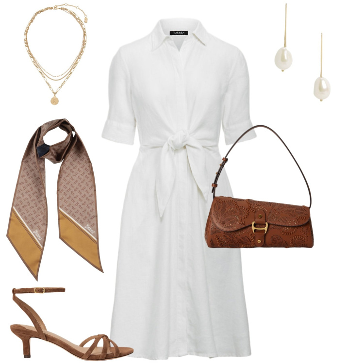 Outfit donna - Chic chemisier un classico senza tempo. Stile Chic per Tutti i giorni. Abbinamento con sciarpe, vestiti chemisier, borse a spalla, orecchini, sandali col tacco, ciondoli.