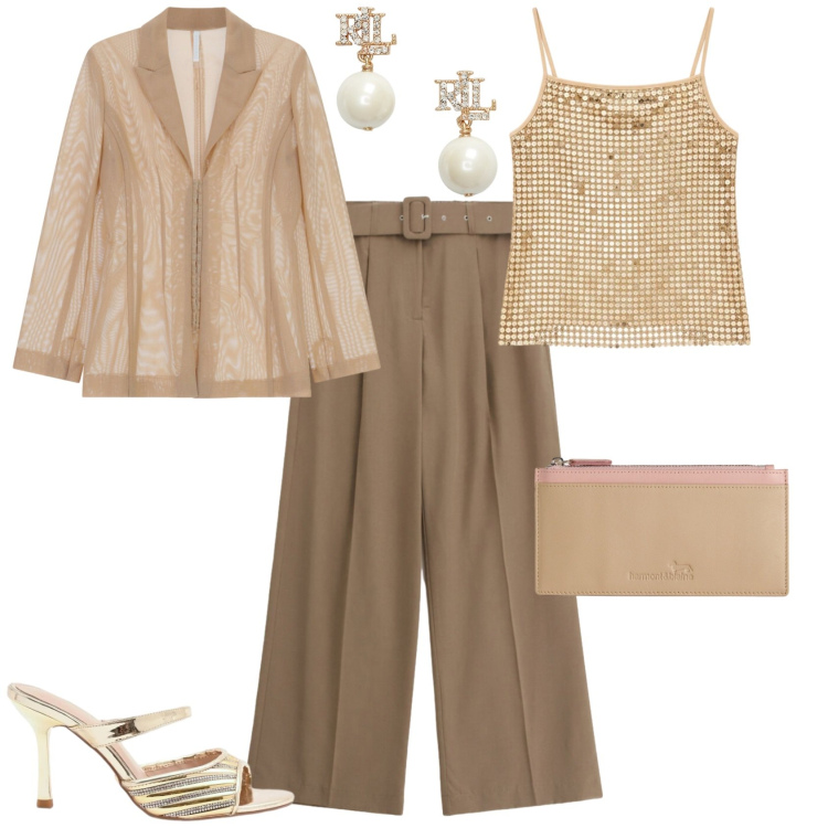 Outfit donna - Chic serata evento speciale. Stile Chic per Serata fuori. Abbinamento con portafogli, orecchini, pantaloni a palazzo, top, sabot, blazer.