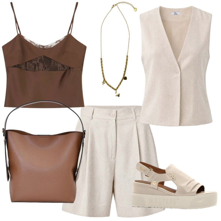 Outfit donna - Estate must have: completo di lino. Stile Minimal per Tutti i giorni. Abbinamento con sandali, shorts, gilet, ciondoli, borse a mano, canottiere.