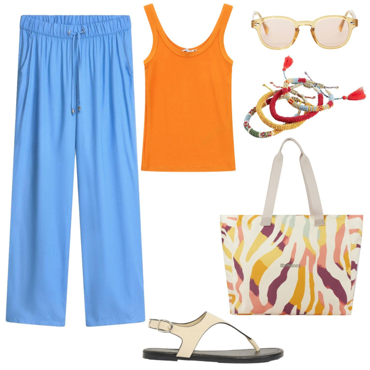 Outfit donna - In città d\'estate. Stile Basic per Tutti i giorni. Abbinamento con braccialetti, pantaloni, infradito, shopping bag, top, occhiali da sole.