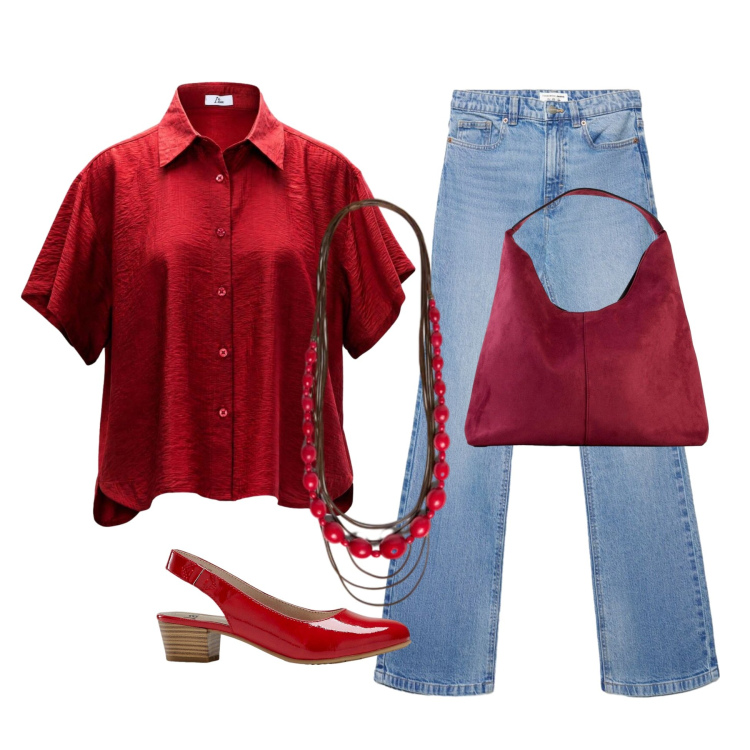 Outfit donna - Rosso Rubino Chic. Stile Chic per Ufficio. Abbinamento con borse a spalla, décolleté, camicie a manica corta, jeans bootcut, collane.