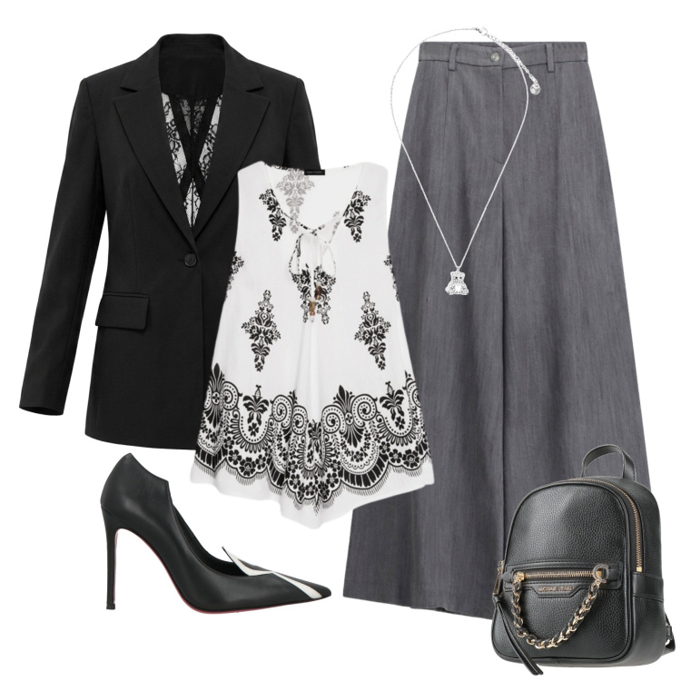 Outfit donna - Monochrome Elegance. Stile Chic per Cerimonia. Abbinamento con zaini, décolleté, blazer, ciondoli, canottiere, pantaloni a palazzo.