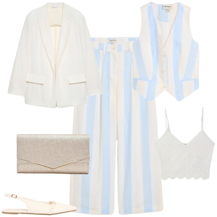 Outfit donna - Chic serata evento. Stile Chic per Serata fuori. Abbinamento con pantaloni a palazzo, gilet, ballerine, top, blazer, clutch.