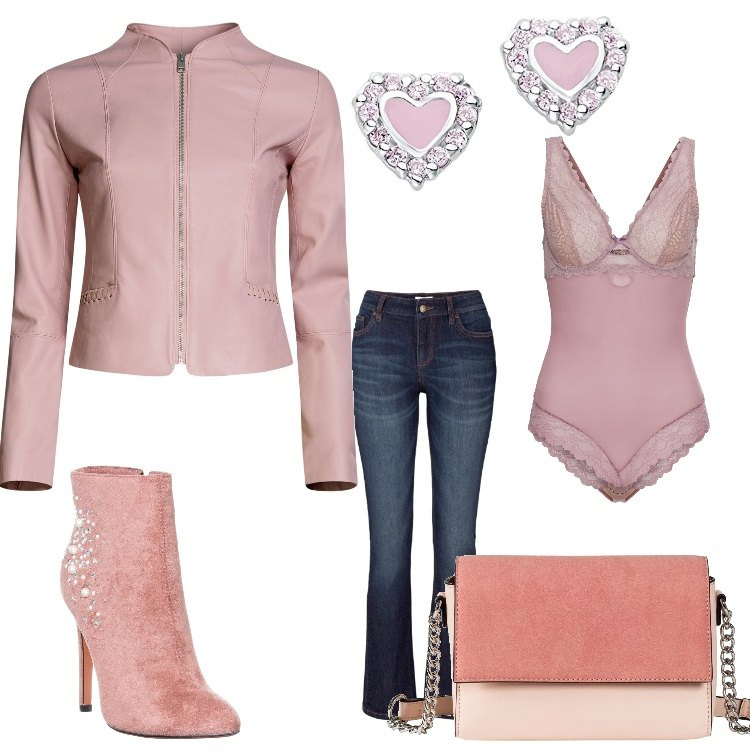 Outfit donna - W noi. Stile Trendy per Serata fuori. Abbinamento con jeans bootcut, body con ferretto e gancetti rosa, borsa a tracolla, giacca con zip in ecopelle aderente rosa, tronchetti con zip rosa, orecchini a perno argento e rosa.