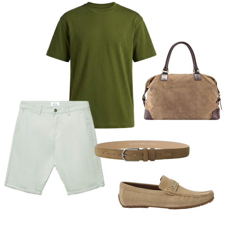 Outfit uomo - Estate mediterranea. per Tutti i giorni. Abbinamento con scarpe stringate, t-shirt, shorts, borse sportive, cinture.