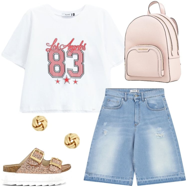 Outfit donna - Total look #2435249. Stile Casual chic per Tutti i giorni. Abbinamento con zaini, orecchini, t-shirt, bermuda, sandali.