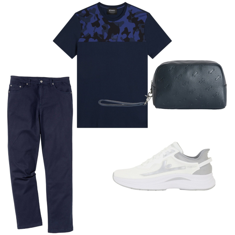 Outfit uomo - Blu mare profondo. per Serata speciale. Abbinamento con pantaloni, borse sportive, sneakers, t-shirt.