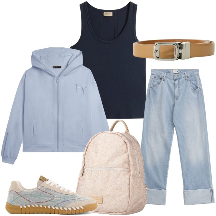 Outfit donna - Total look #2435255. Stile Casual chic per Tutti i giorni. Abbinamento con zaini, felpe con cappuccio, jeans dritti, canottiere, cinture, sneakers.