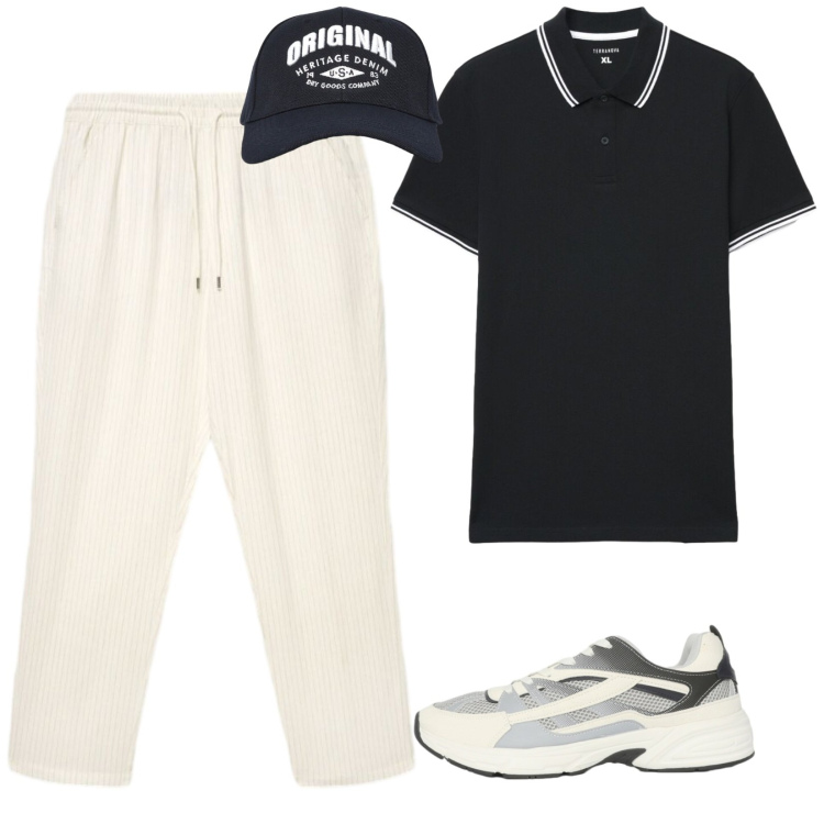 Outfit uomo - La polo nera. per Serata speciale. Abbinamento con polo, pantaloni, sneakers, cappelli con visiera.