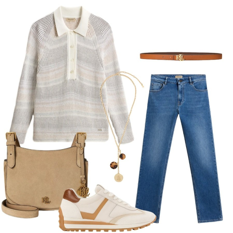 Outfit donna - Total look #2435259. Stile Casual chic per Tutti i giorni. Abbinamento con sneakers, borse a tracolla, cinture, collane, jeans, maglieria.