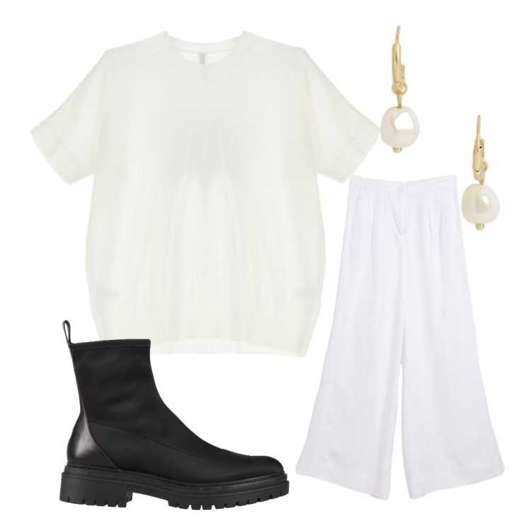 Outfit donna - Chiare tonalità. Stile Minimal per Serata fuori. Abbinamento con stivaletti, pantaloni, t-shirt, orecchini.