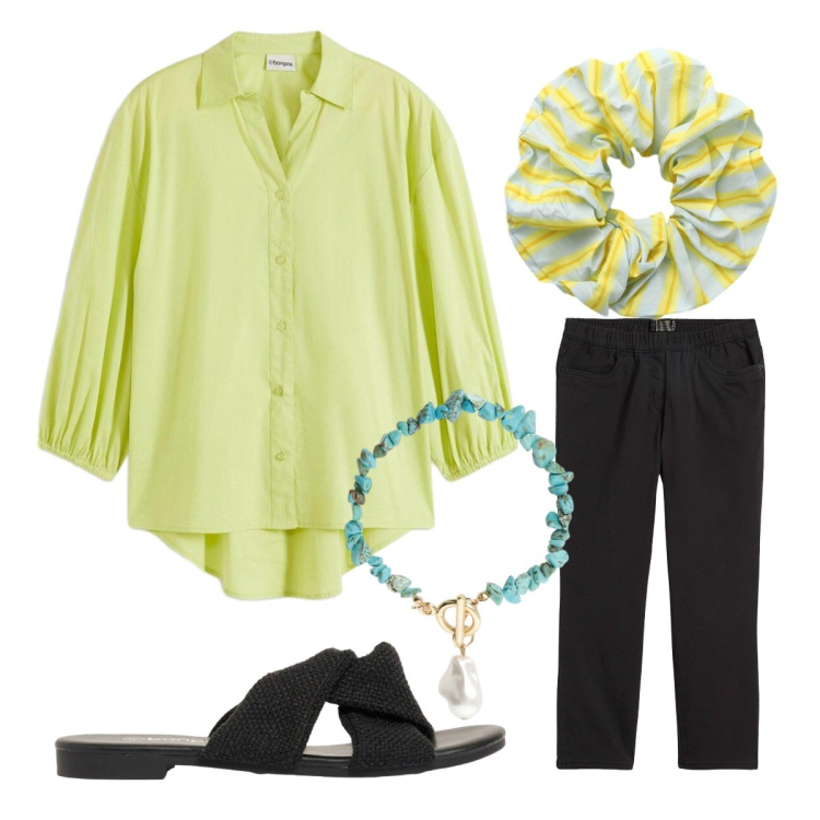 Outfit donna - Vado e torno. Stile Basic per Tutti i giorni. Abbinamento con pantaloni, bluse, sandali, accessori per capelli, braccialetti.