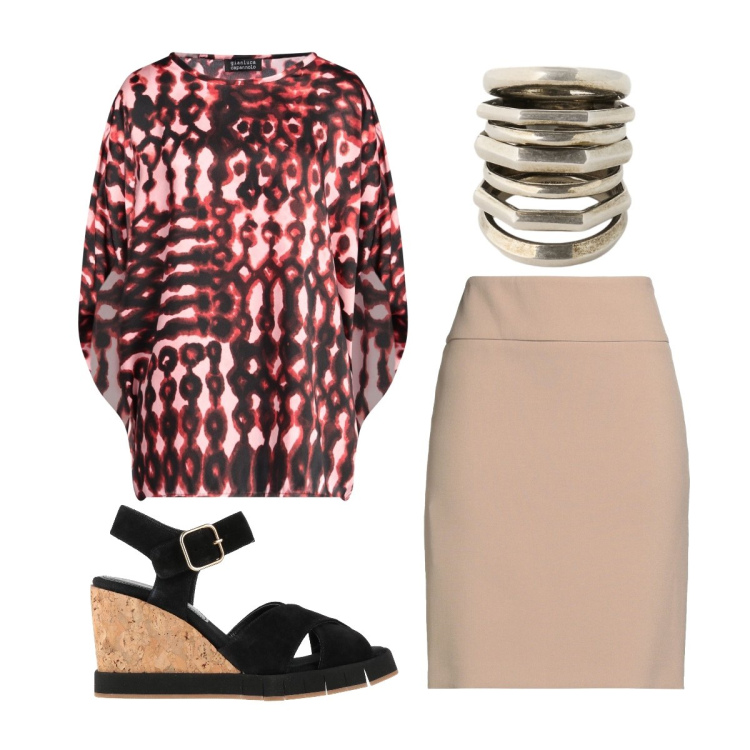 Outfit donna - Luglio curvy. Stile Bon Ton per Ufficio. Abbinamento con minigonne, sandali in pelle, top, anelli.