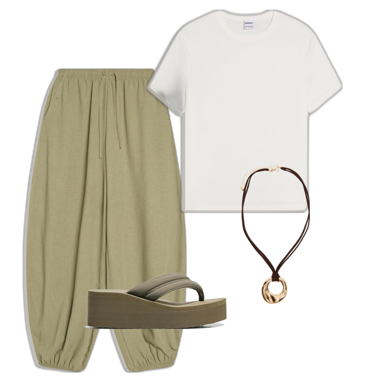 Outfit mujer - Casual chic #9521. Estilo Casual chic para Todos los días. Combinación con sandalias, camiseta, pantalones, colgantes.
