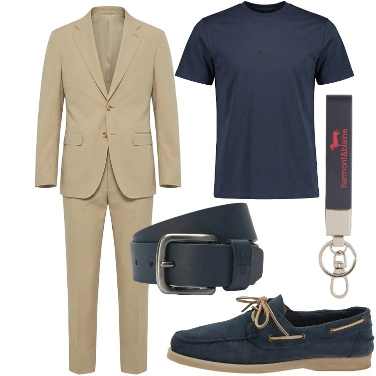 Outfit uomo - In ufficio a luglio. Stile Business/Elegante per Ufficio. Abbinamento con t-shirt, portachiavi, scarpe stringate, cinture, abiti.