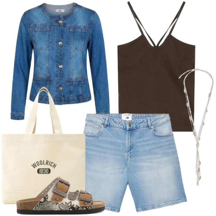 Outfit donna - Total look #2435280. Stile Casual chic per Tutti i giorni. Abbinamento con blazer, shorts, collane, borse tote, canottiere, sandali.