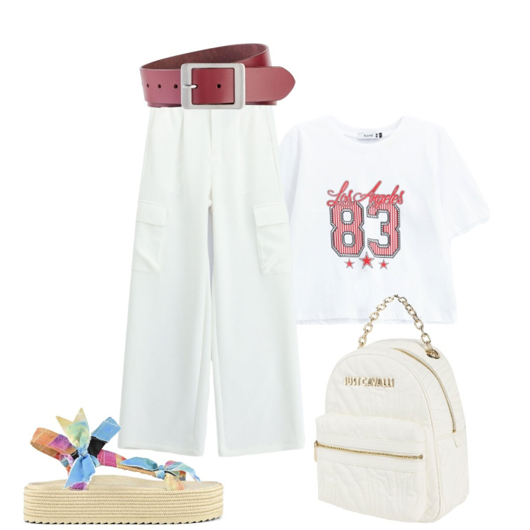 Outfit donna - In città. Stile Casual chic per Tutti i giorni. Abbinamento con zaini, cinture, t-shirt, pantaloni cargo, sandali.