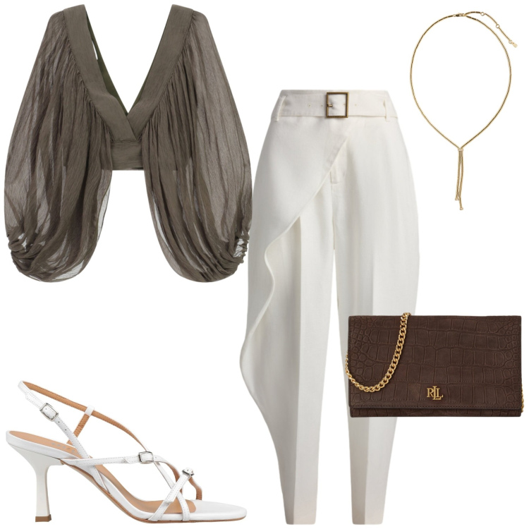 Outfit donna - Serata estiva. Stile Chic per Cerimonia. Abbinamento con sandali in pelle, top, collane, pantaloni, borse a tracolla.