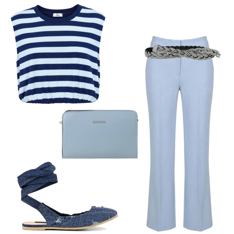 Outfit donna - Luglio. Stile Basic per Ufficio. Abbinamento con cinture, borse a tracolla, ballerine, top, pantaloni.