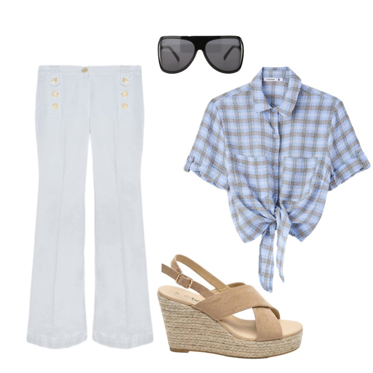 Outfit donna - Ufficio luglio. Stile Etnico per Ufficio. Abbinamento con sandali col tacco, camicie a manica corta, occhiali da sole, jeans.