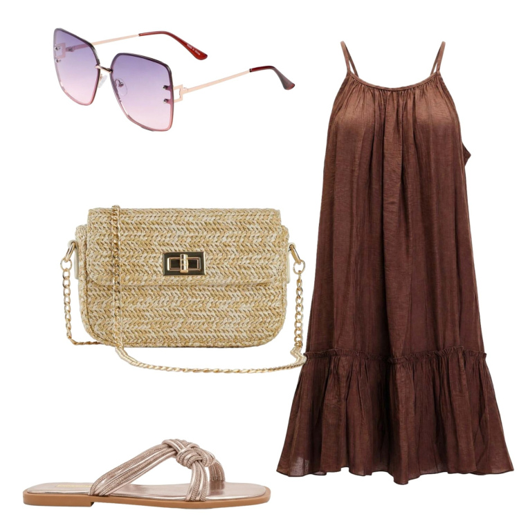 Outfit donna - Luglio. Stile Boho per Tutti i giorni. Abbinamento con occhiali da sole, borse a tracolla, sandali, vestiti corti.