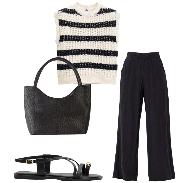 Outfit donna - Urban a luglio. Stile Casual chic per Tutti i giorni. Abbinamento con shopping bag, sandali, top, pantaloni a palazzo.