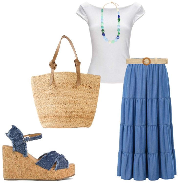 Outfit donna - In città. Stile Casual chic per Tutti i giorni. Abbinamento con shopping bag, gonne lunghe, top, cinture, collane, zeppe.