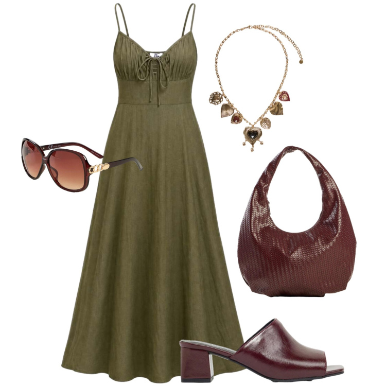 Outfit donna - L’abito fluido per l’aperitivo. Stile Casual chic per Tutti i giorni. Abbinamento con borse a mano, ciabatte, occhiali da sole, vestiti lunghi, collane.