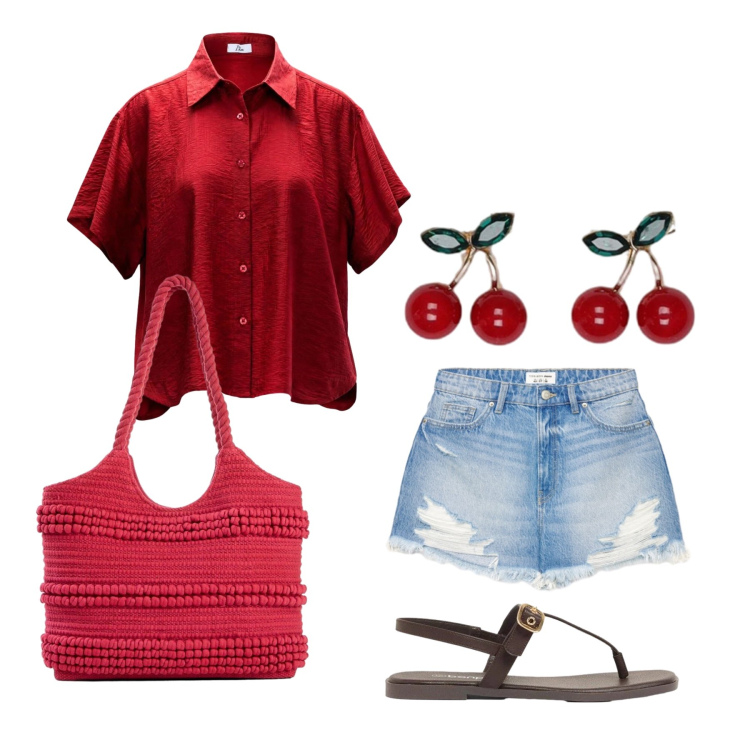 Outfit donna - Luglio. Stile Trendy per Tutti i giorni. Abbinamento con sandali, shopping bag, camicie a manica corta, blazer, shorts.