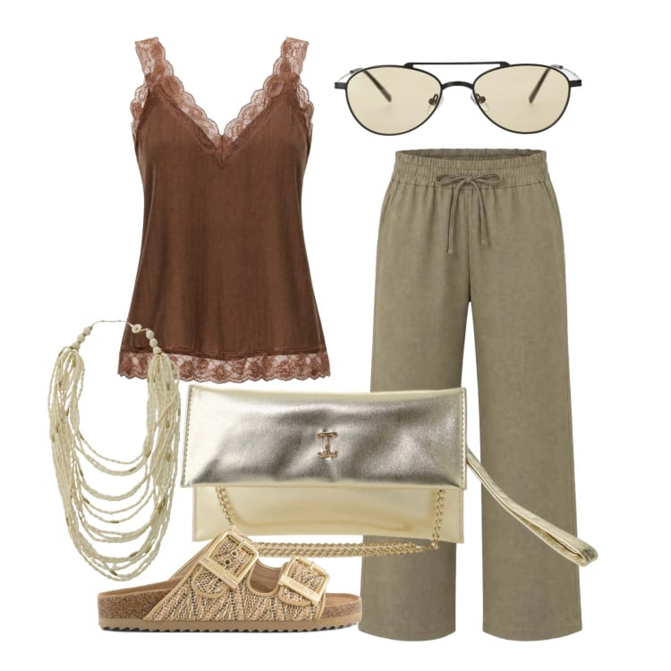 Outfit donna - Luglio. Stile Casual chic per Tutti i giorni. Abbinamento con canottiere, pantaloni, borse a tracolla, collane, occhiali da sole, sandali.