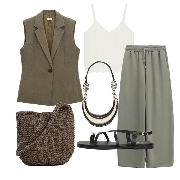 Outfit donna - Luglio. Stile Casual chic per Tutti i giorni. Abbinamento con shopping bag, gilet, sandali, collane, maglieria, pantaloni a palazzo.