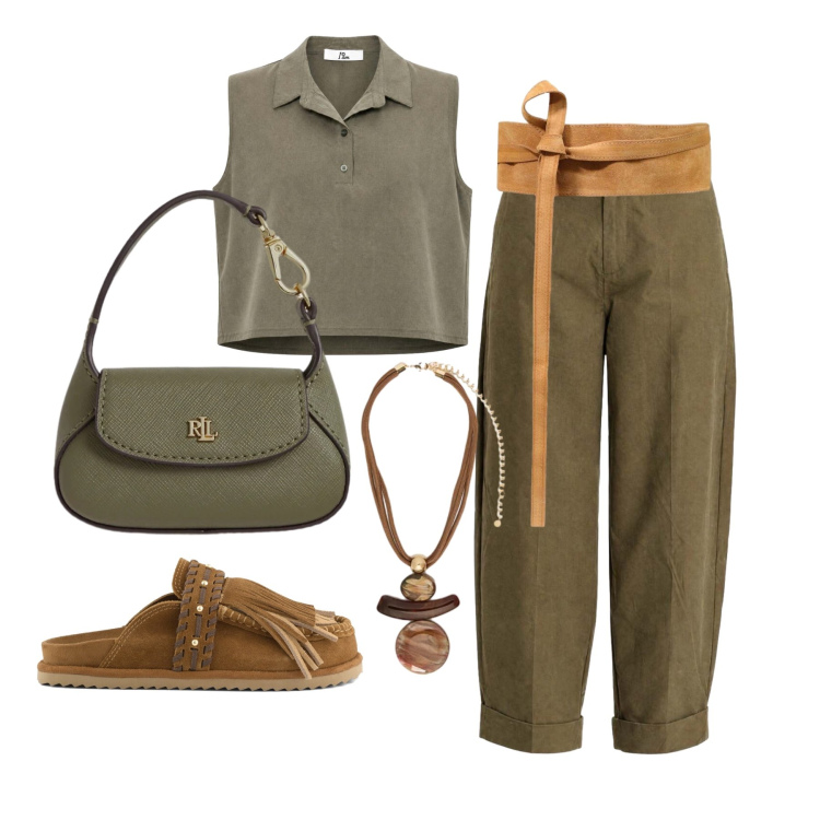 Outfit donna - Luglio. Stile Casual chic per Tutti i giorni. Abbinamento con pantaloni, top, cinture, ciondoli, borse a mano, sabot.