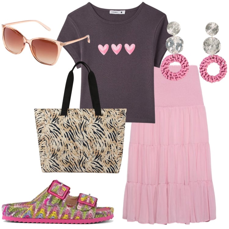 Outfit donna - Passeggio on vacanza. Stile Casual per Mare. Abbinamento con occhiali da sole, orecchini, t-shirt, gonne lunghe, shopping bag, sandali.