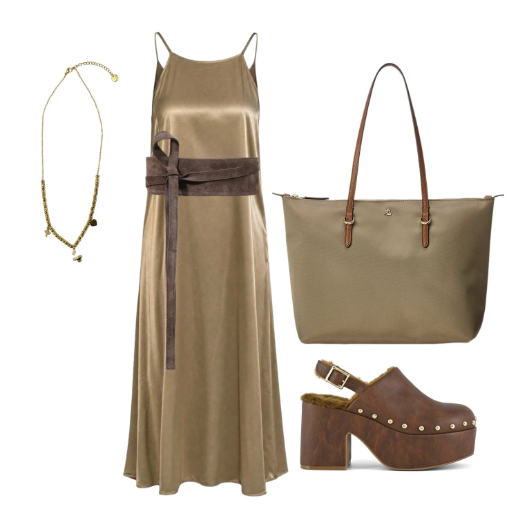 Outfit donna - Luglio. Stile Trendy per Tutti i giorni. Abbinamento con vestiti lunghi, cinture, ciondoli, borse tote, sabot.