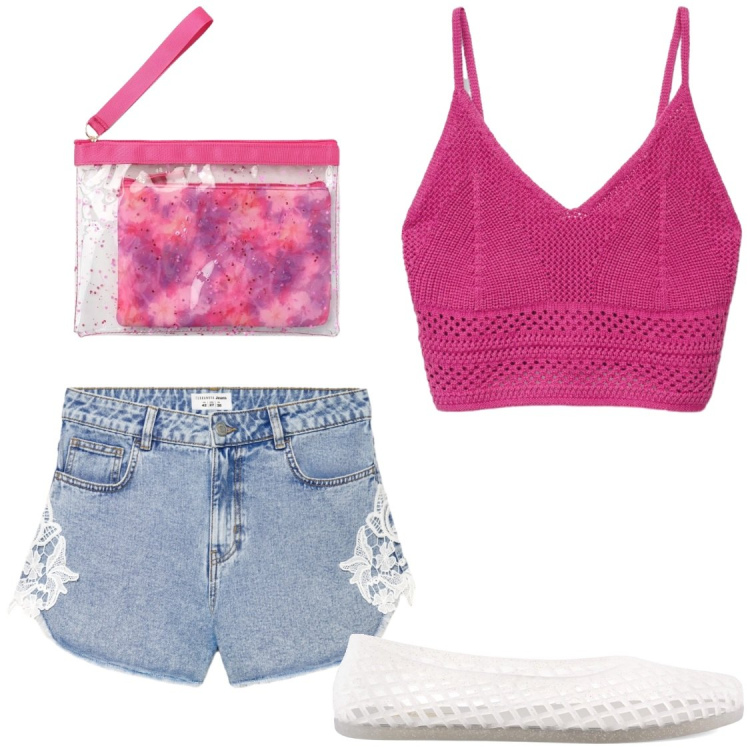 Outfit donna - Relax estivo. Stile Chic per Tutti i giorni. Abbinamento con pochette, top, shorts, ballerine.