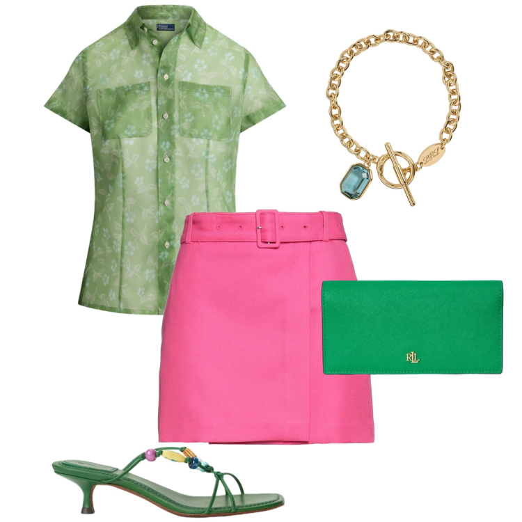 Outfit donna - Daily Mix & Match. Stile Trendy per Tutti i giorni. Abbinamento con minigonne, portafogli, sandali gioiello, braccialetti, camicie a manica corta.