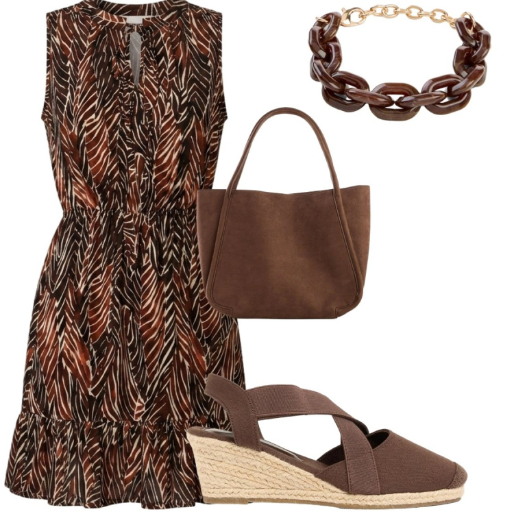 Outfit donna - I am. Stile Chic per Serata fuori. Abbinamento con braccialetti, shopping bag, zeppe, vestiti corti.