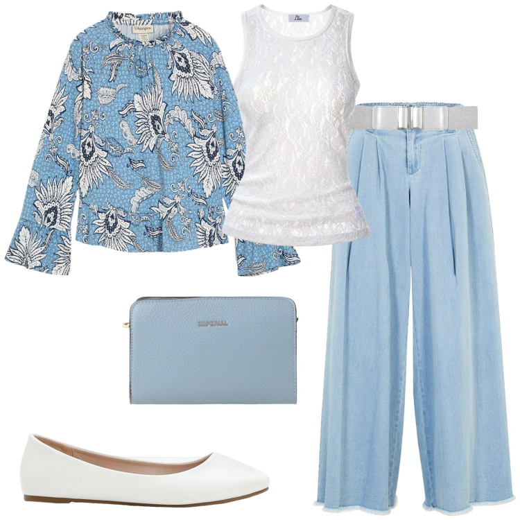 Outfit donna - Al lavoro. Stile Casual chic per Ufficio. Abbinamento con ballerine, gonne, bluse, cinture, borse a tracolla, top.