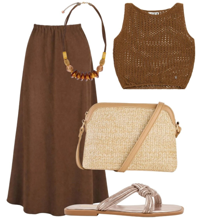 Outfit donna - Da giorno a seta. Stile Chic per Serata fuori. Abbinamento con borse a tracolla, sandali, top, collane, gonne lunghe.