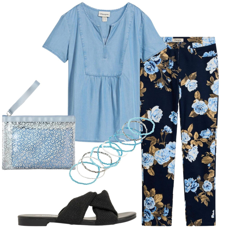 Outfit donna - Casual. Stile Casual per Tutti i giorni. Abbinamento con pantaloni, braccialetti, sandali, tuniche, pochette.